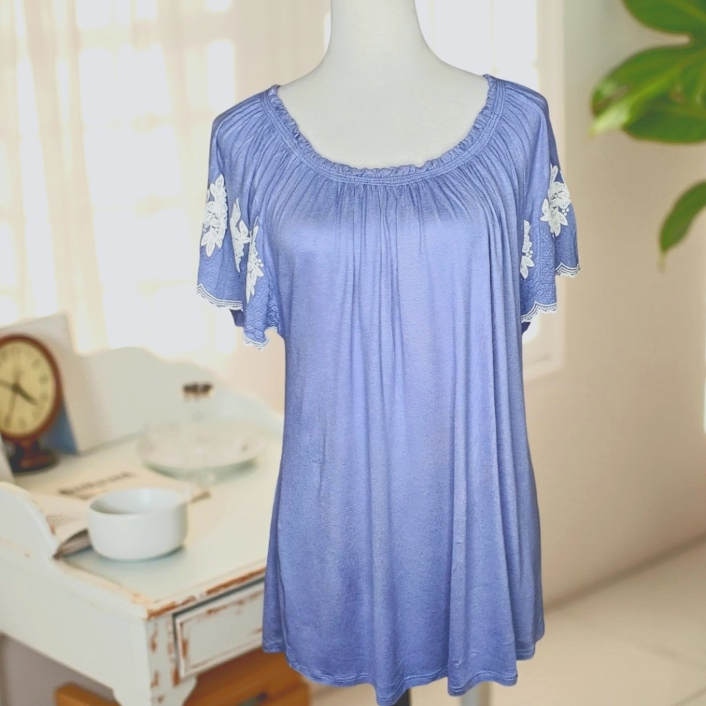 ECLA Chambray Blue Embroidered Scallop Sleeve Top